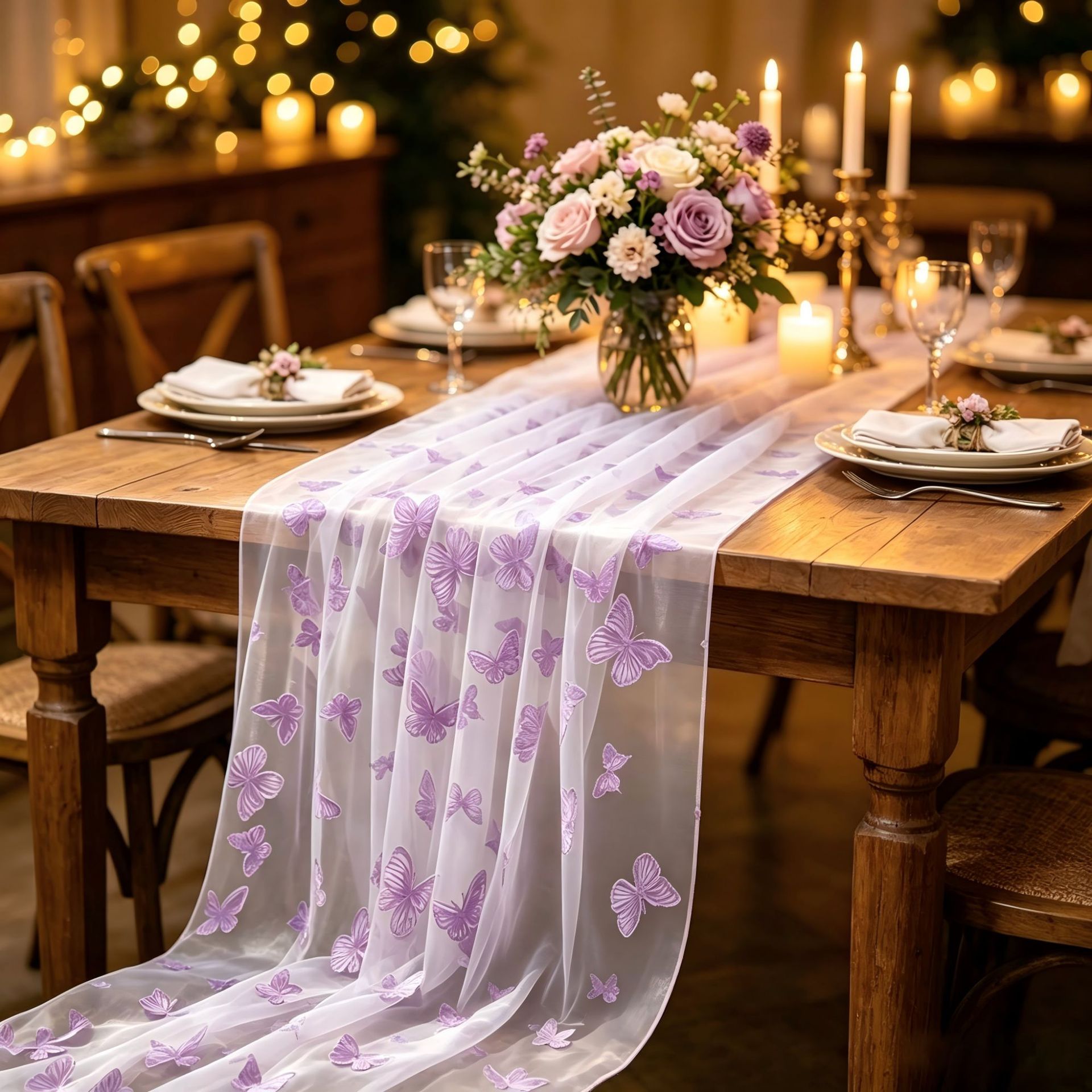 Table Runner - Nylon Tulle Flocked Butterfly Table Runner,